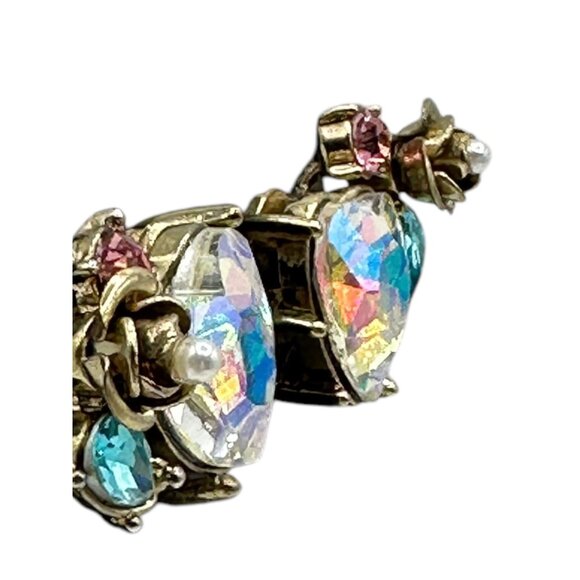 Heart Shaped Rhinestone Gold Tone Floral Stud Earrings With Iridescent Crystal - Picture 7 of 10